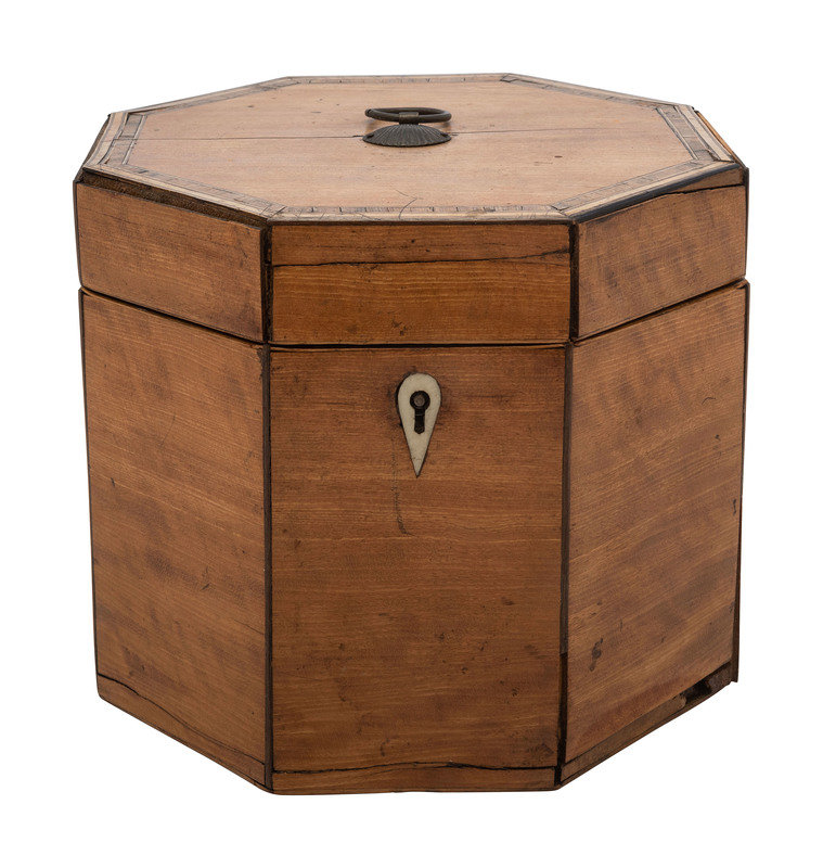 A George III Octagonal Walnut Tea Caddy with Satinwood Inlay