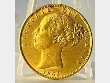 1863 VICTORIA YOUNG HEAD LONDON MINT SHIELD GOLD SOVEREIGN