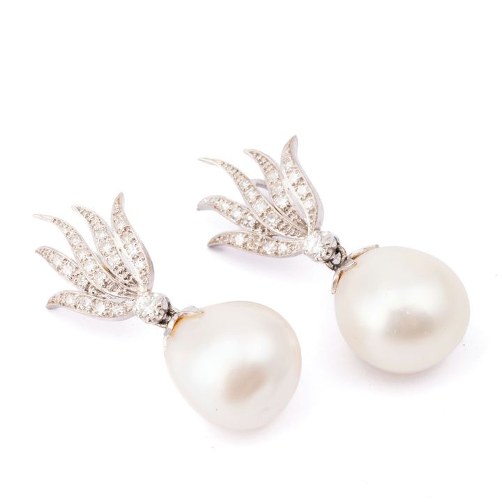 Platinum Diamond & Pearl Drop Earrings,