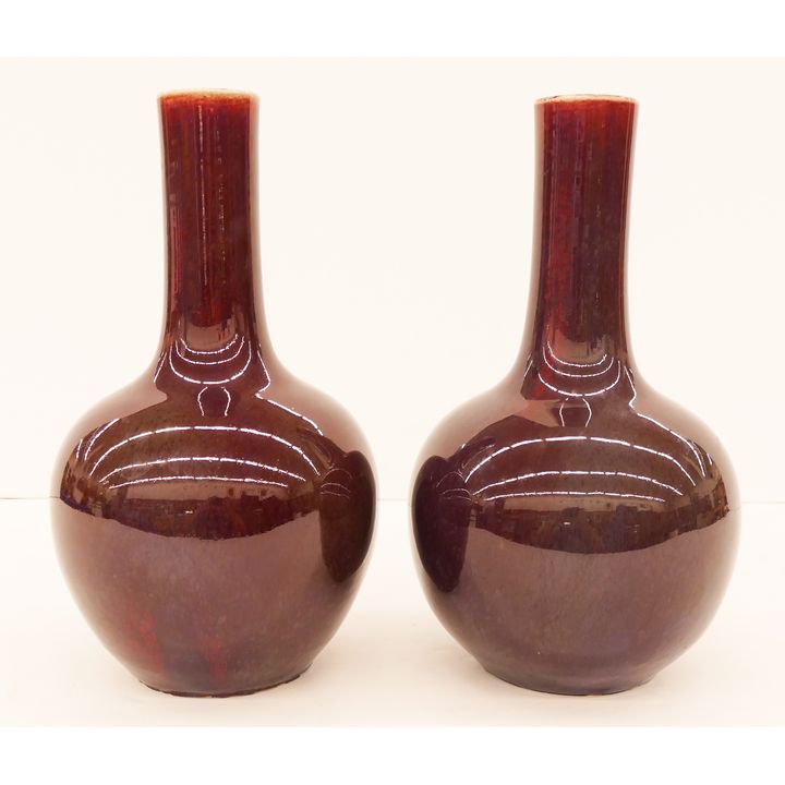 Pair Chinese Qing Plum Glazed Bottle Vases