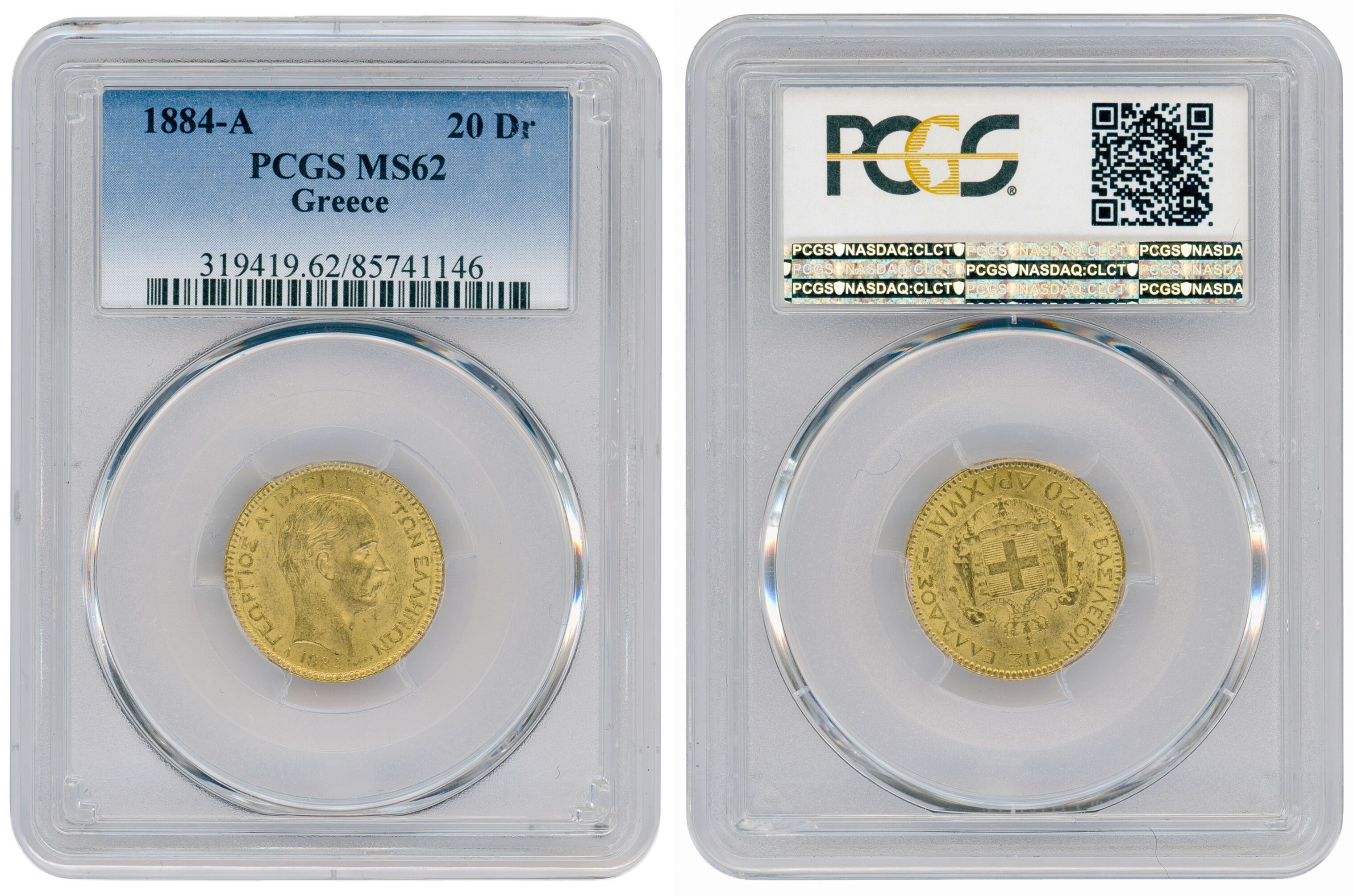 119 · Greece, George I, Paris Mint, Twenty Drachma, 1884-A, PCGS MS62
