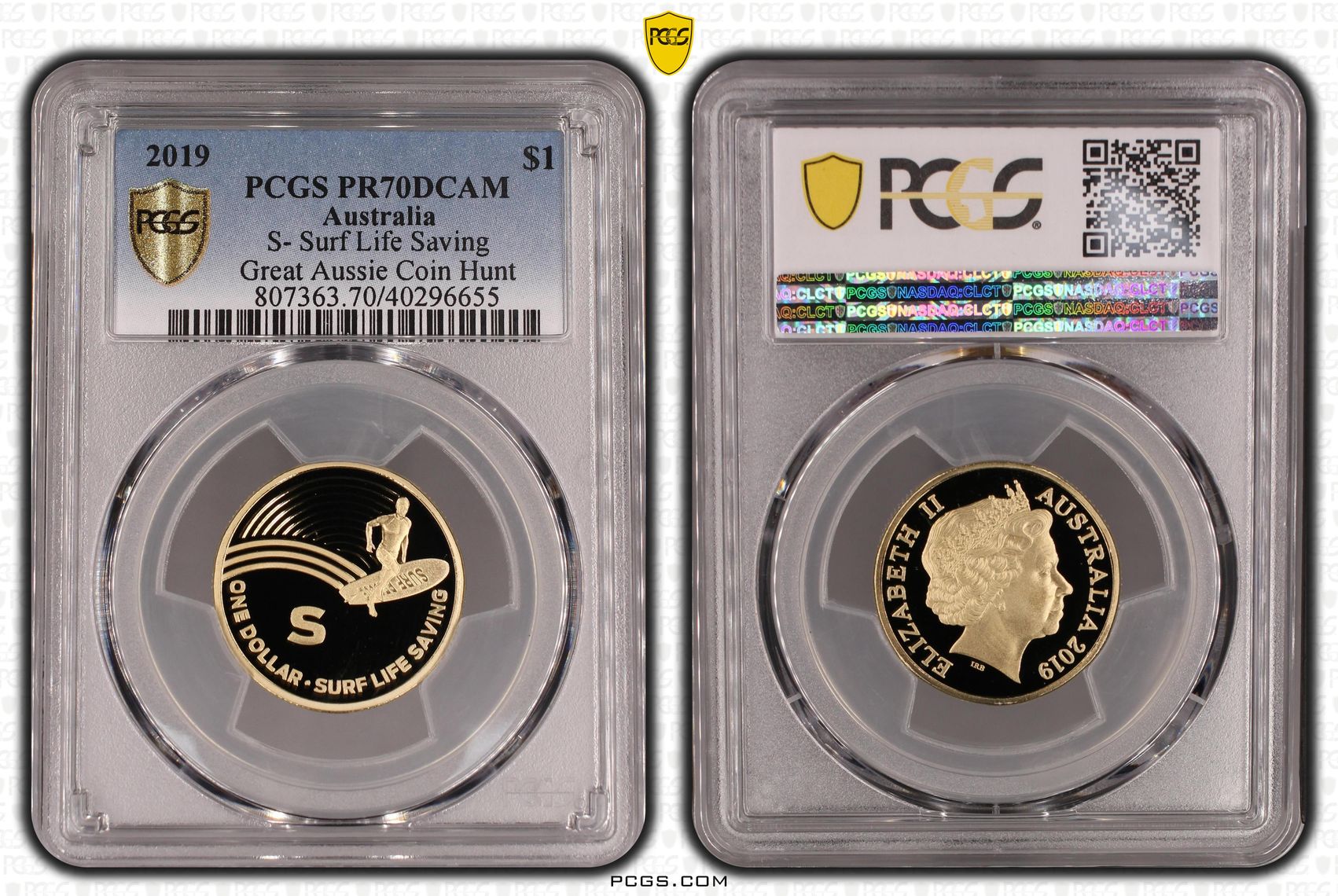 S- Surf Life Saving Great Aussie Coin Hunt, POP 7/0, One Dollar, 2019, PCGS PR70DCAM