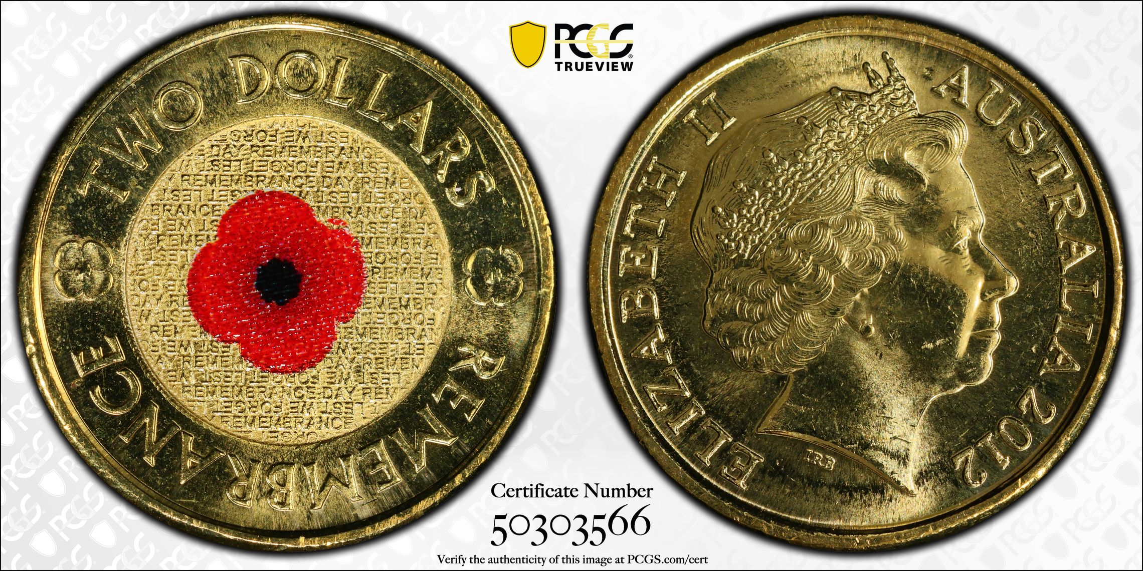 384 · Elizabeth II, Remembrance Day - Red Poppy, Two Dollar, 2012, PCGS MS65