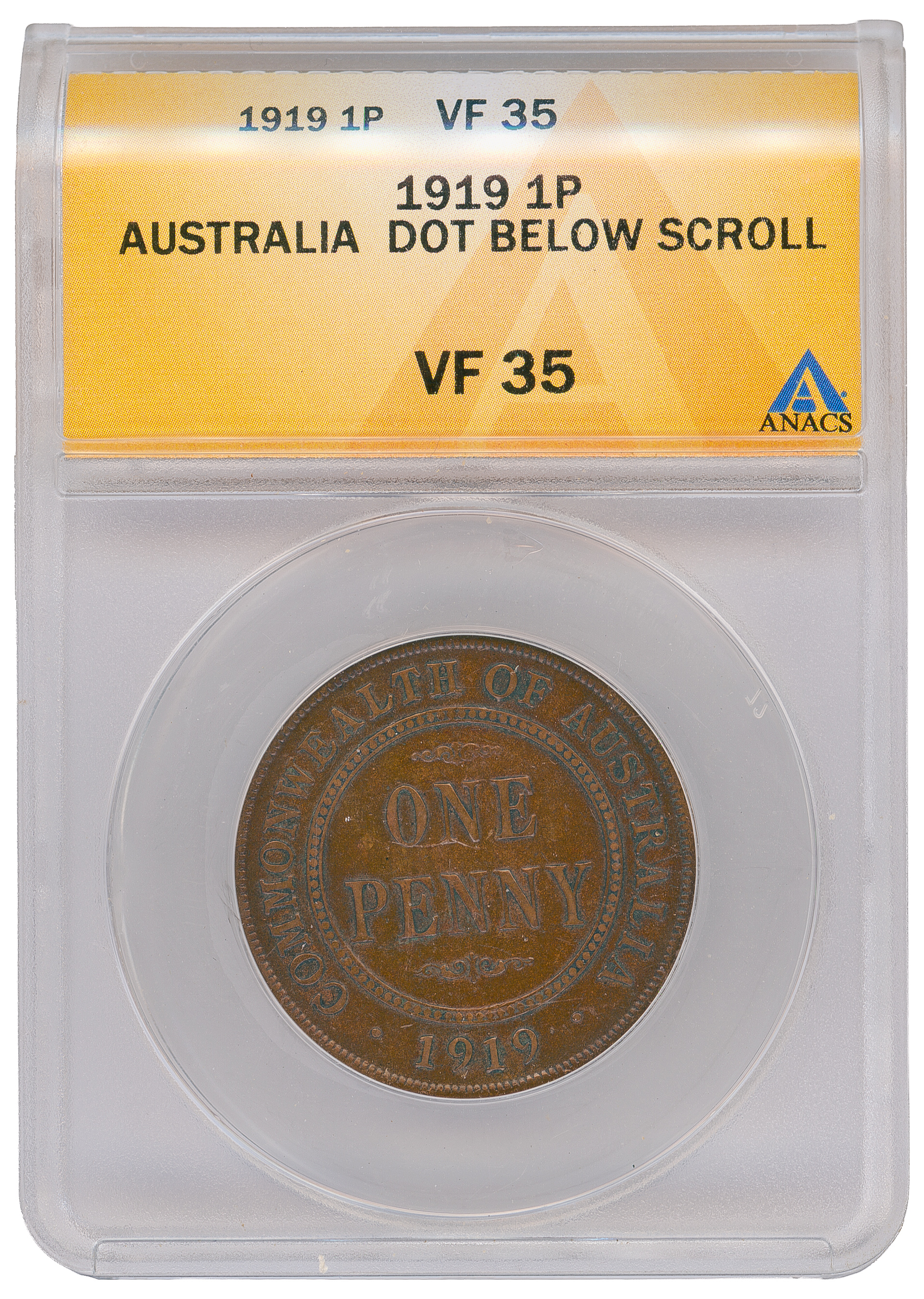 Dot Below Scroll, Penny, 1919, ANACS VF 35