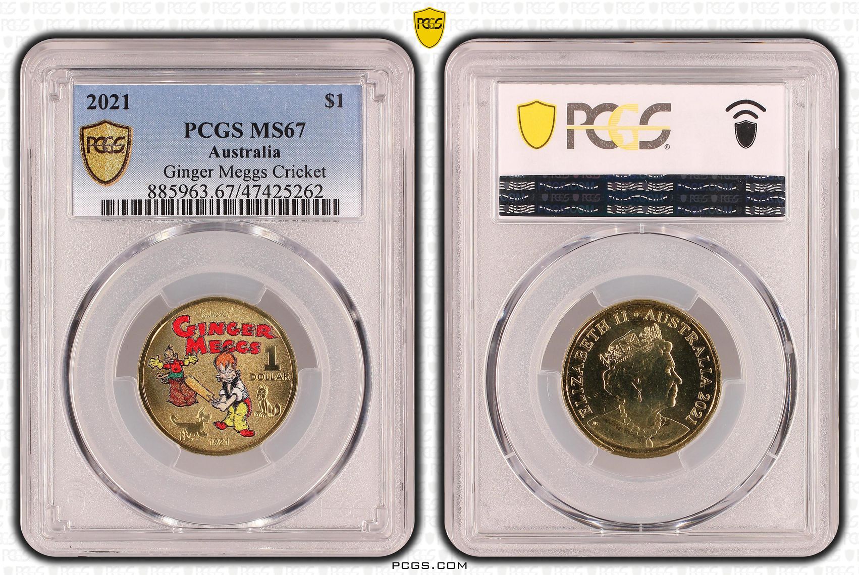 Elizabeth II, Ginger Meggs Cricket, One Dollar, 2021, PCGS MS67