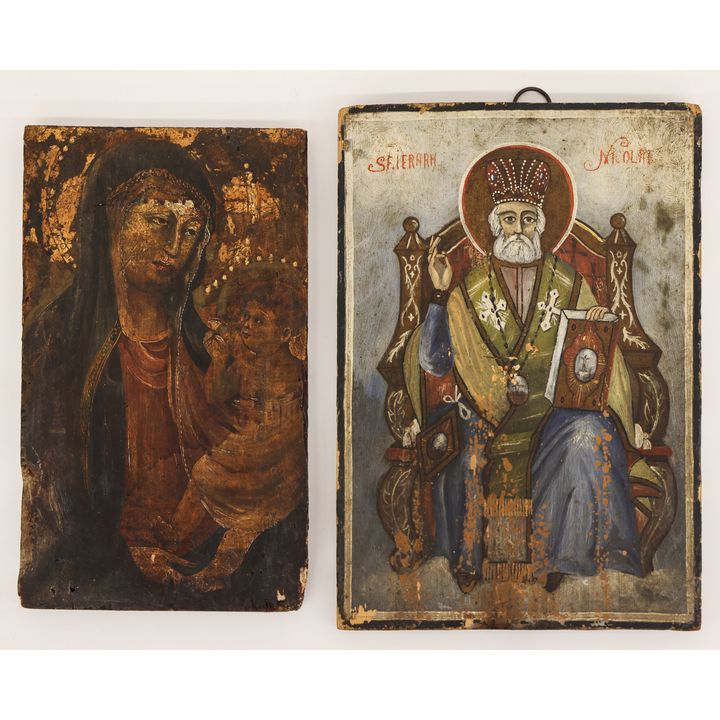 2pc Antique European Painted Wood Icons