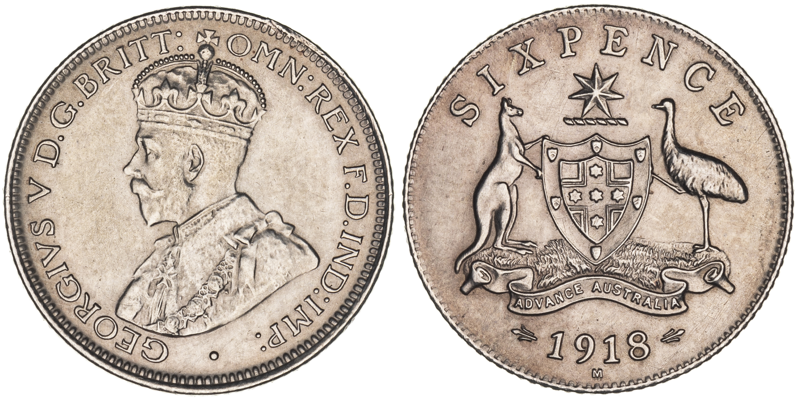 George V, Sixpence, 1918-M, UNC