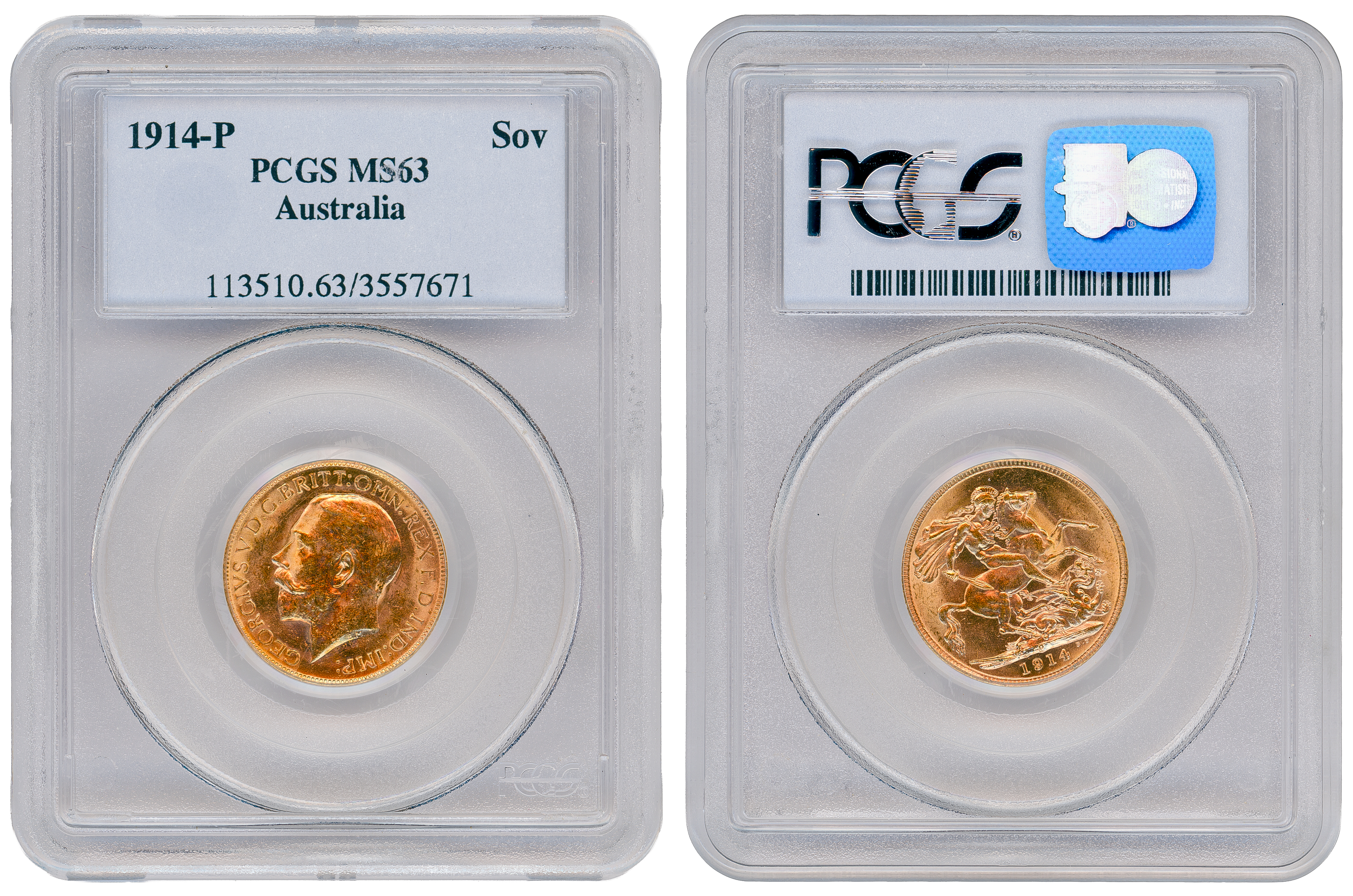 79 · George V, St George Reverse, Sovereign, 1914-P, PCGS MS63