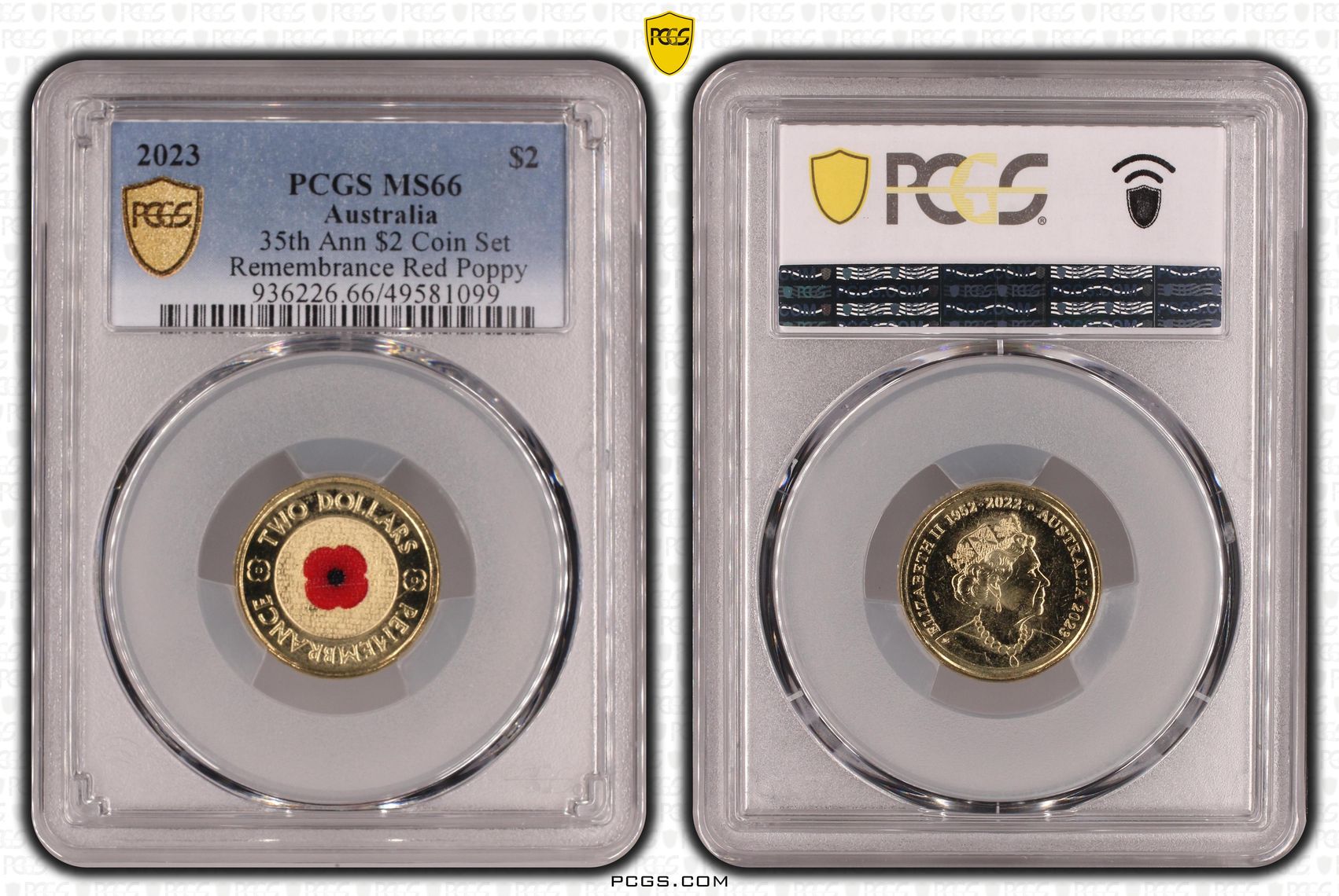Elizabeth II, 35th Ann $2 Coin Set Colorized Remembrance Red Poppy , Two Dollar, 2023, PCGS MS66