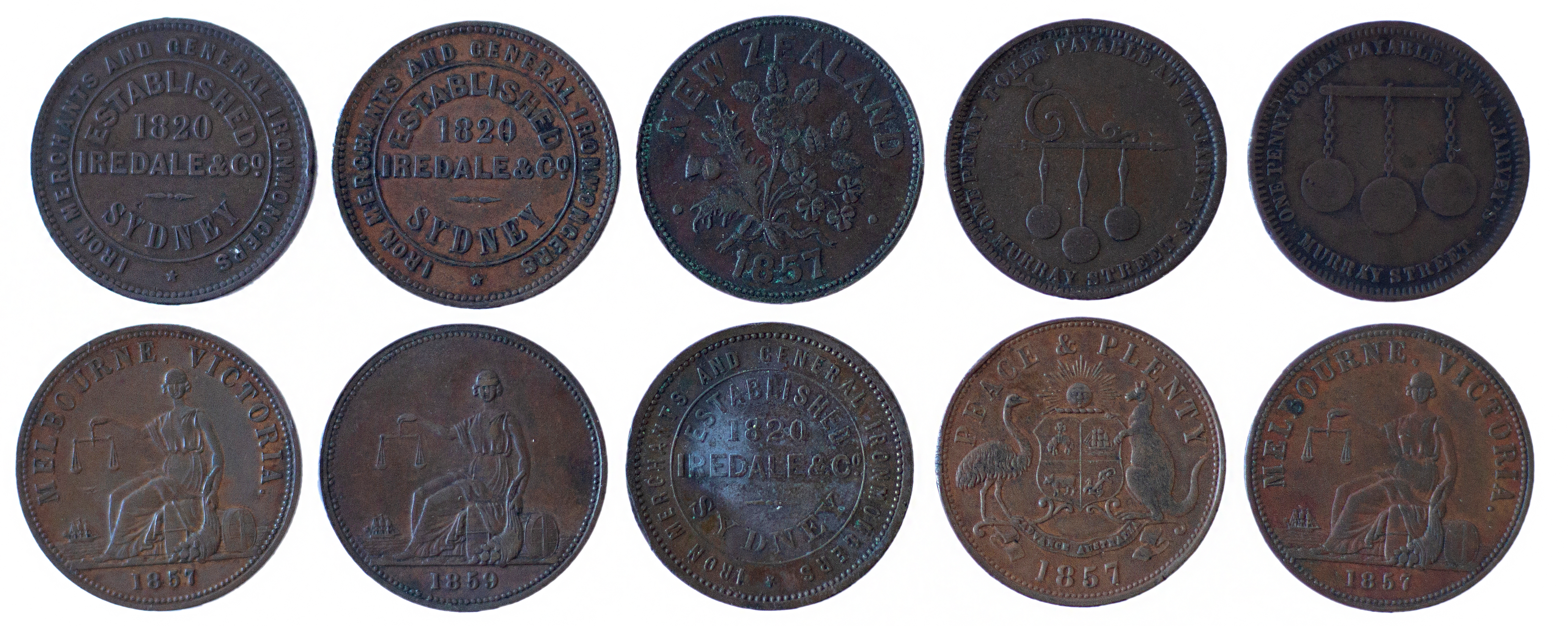 Group, Melbourne, Victoria, Hide & de Carle, Penny, 1857, VF