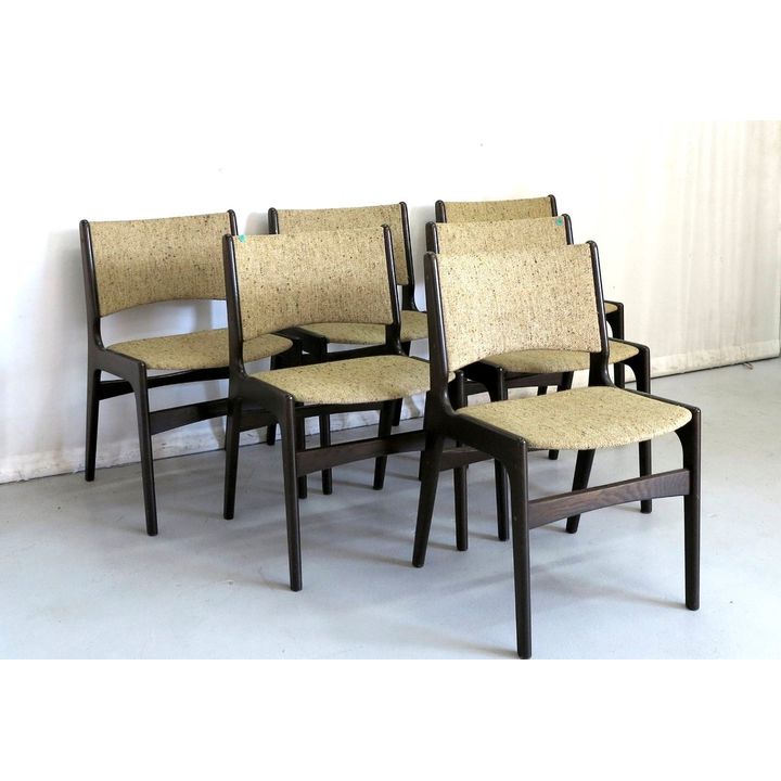 SET OF 6 MID CENTURY DANISH UPHOLSTERED OAK DINING CHAIRS, after a design by Henning Kjaernulf