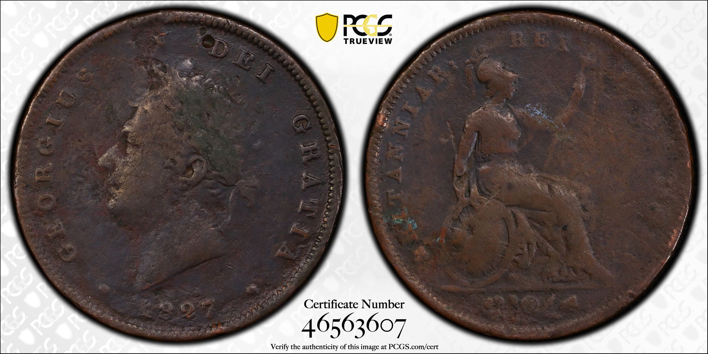 Great Britain, S-3823, Penny, 1827, PCGS Genuine - Fine Details (98 - Damage)