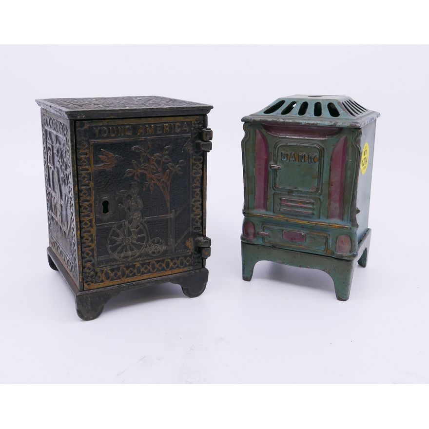 2pc Antique Still Banks- Furnace & Safe- 4.5''