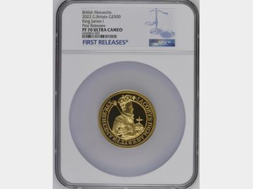 2022 ELIZABETH II 'JAMES I' GOLD 5oz 500 POUND COIN PF70 UCAM