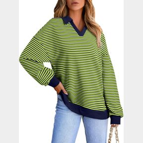 ALVAQ WOMENS OVERSIZED SWEATSHIRTS CASUAL STRIPED LONG SLEEVE SHIRTS COLOR BLOCK LAPEL V NECK DROP SHOULDER LOOSE TUNIC TOPS, BLUE