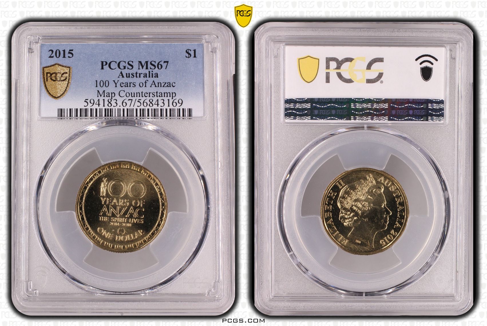 100 Years of Anzac Map Counterstamp, One Dollar, 2015, MS67