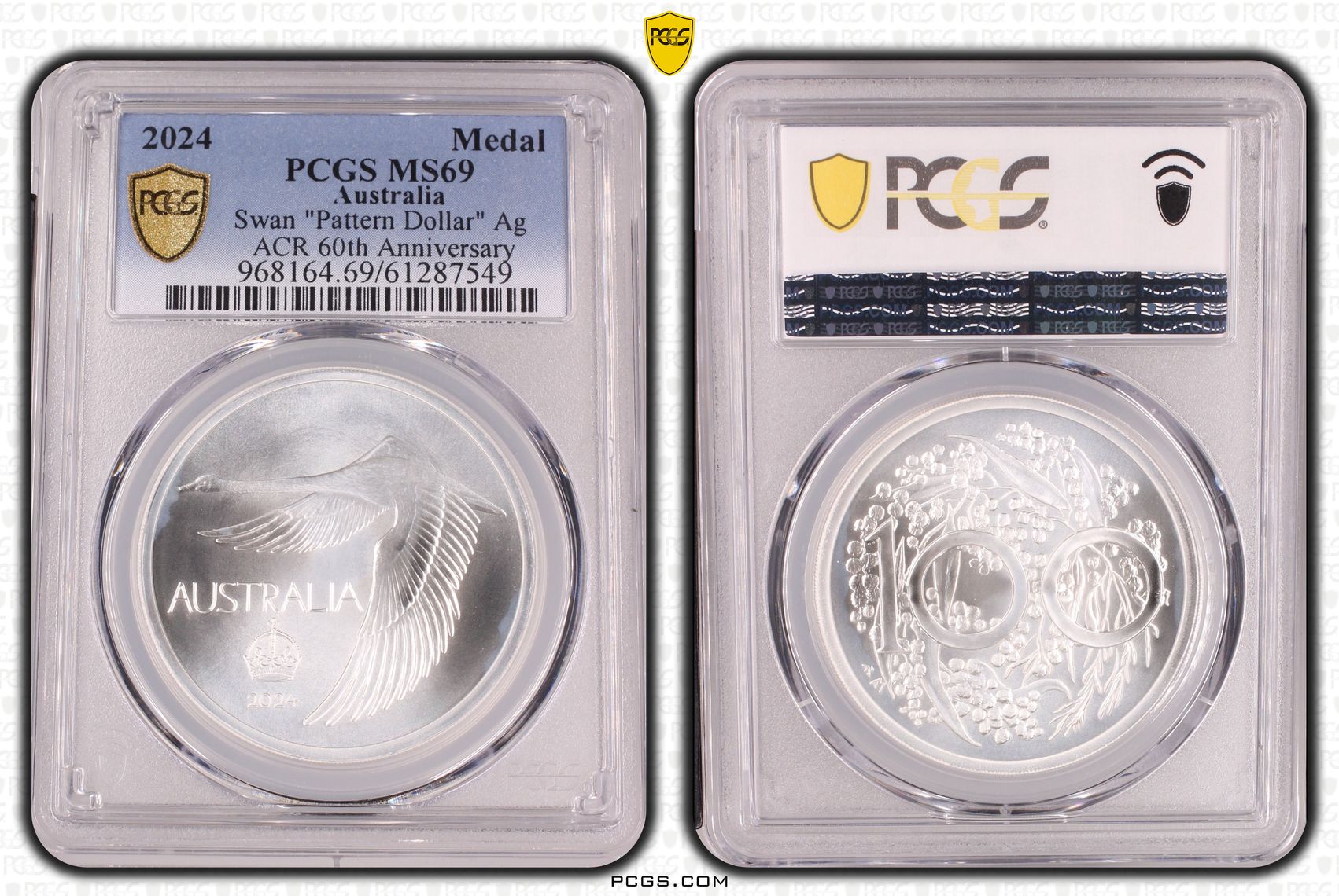 Swan "Pattern Dollar" Ag ACR 60th Anniversary, Medal, 2024, PCGS MS69