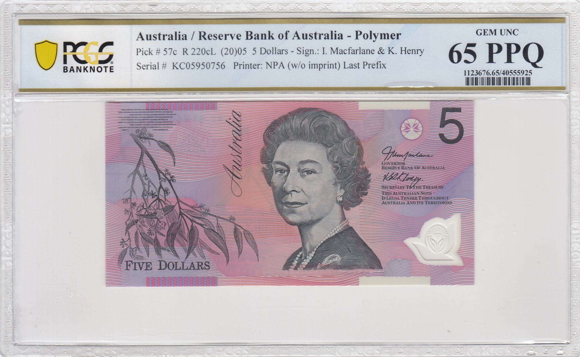 Macfarlane/ Henry, Last Prefix, Five Dollar, 2005, PCGS Gem UNC 65 PPQ