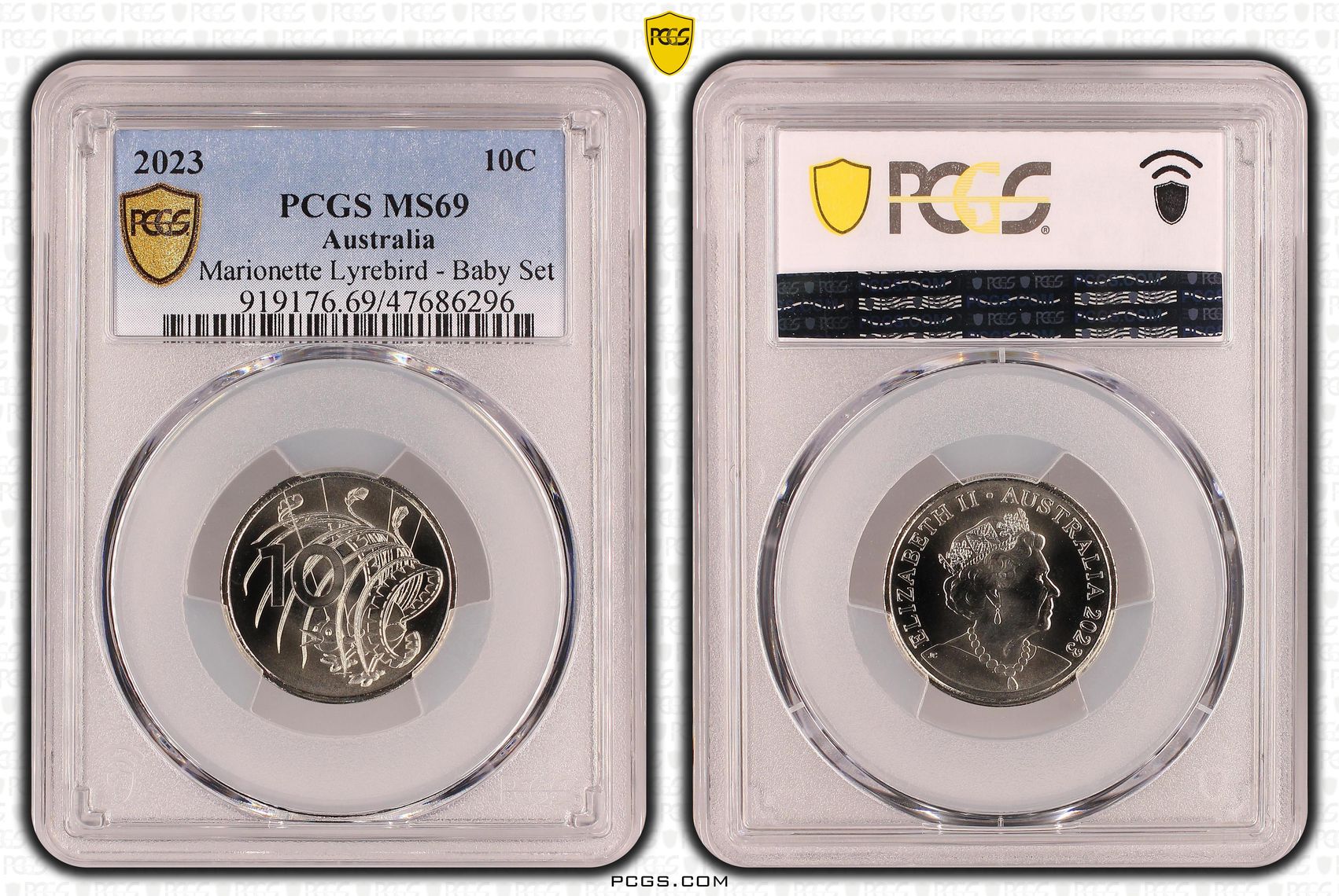 Elizabeth II, Marionette Lyrebird - Baby Set, Ten Cent, 2023, PCGS MS69