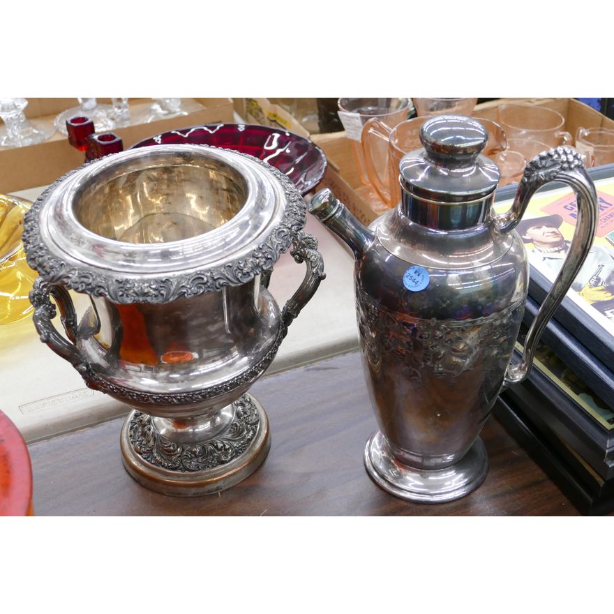 2pc Decorated Silver Plate Pitcher & Champagne Cooler