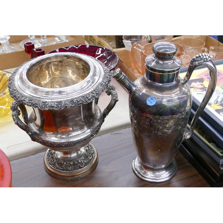 2pc Decorated Silver Plate Pitcher & Champagne Cooler
