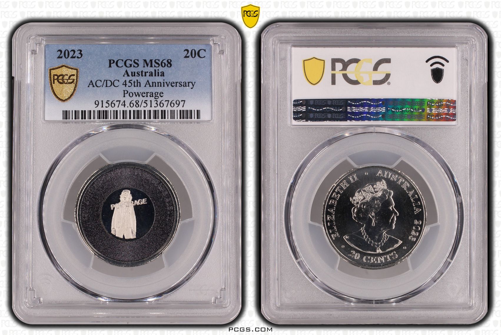 AC/DC 45th Anniversary - Powerage, Twenty Cent, 2023, PCGS MS68