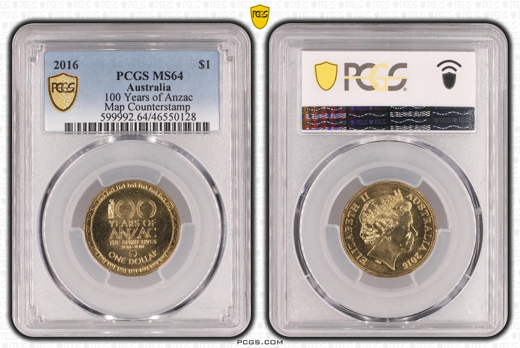 Elizabeth II, 100 Years of Anzac, Map Counterstamp, One Dollar, 2016, PCGS MS64