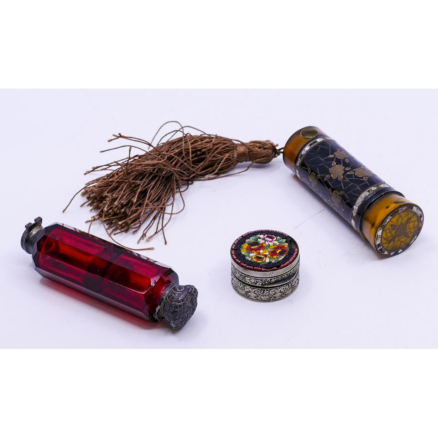 2pc Antique Ruby Cut Scent Bottle & Celluloid Perfumer