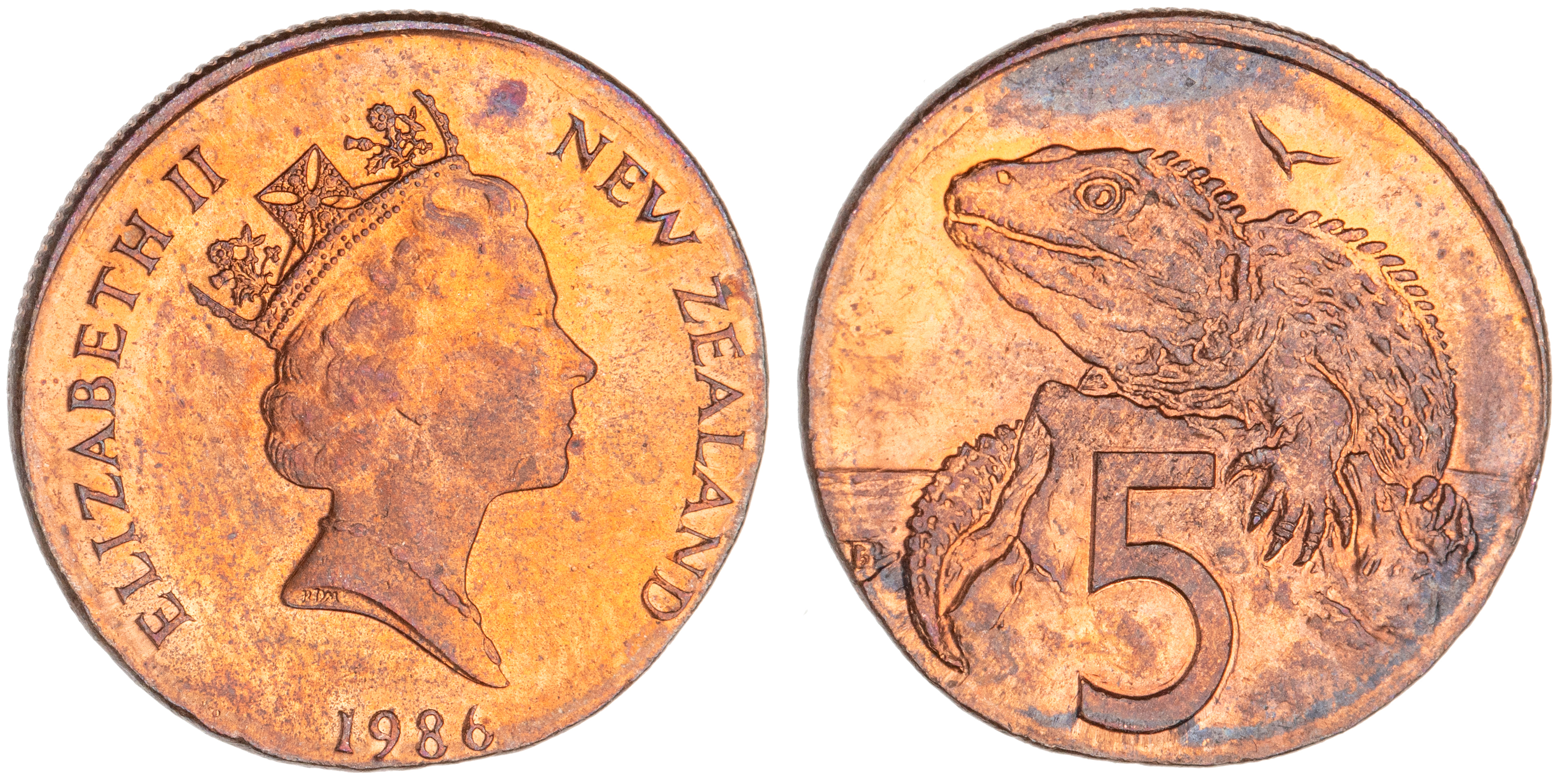 New Zealand, Elizabeth II, Five Cents, 1986, CHU