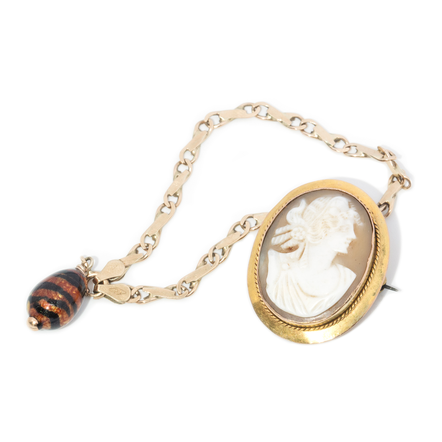 9 carat gold Cameo Brooch & Glass Charm Bracelet