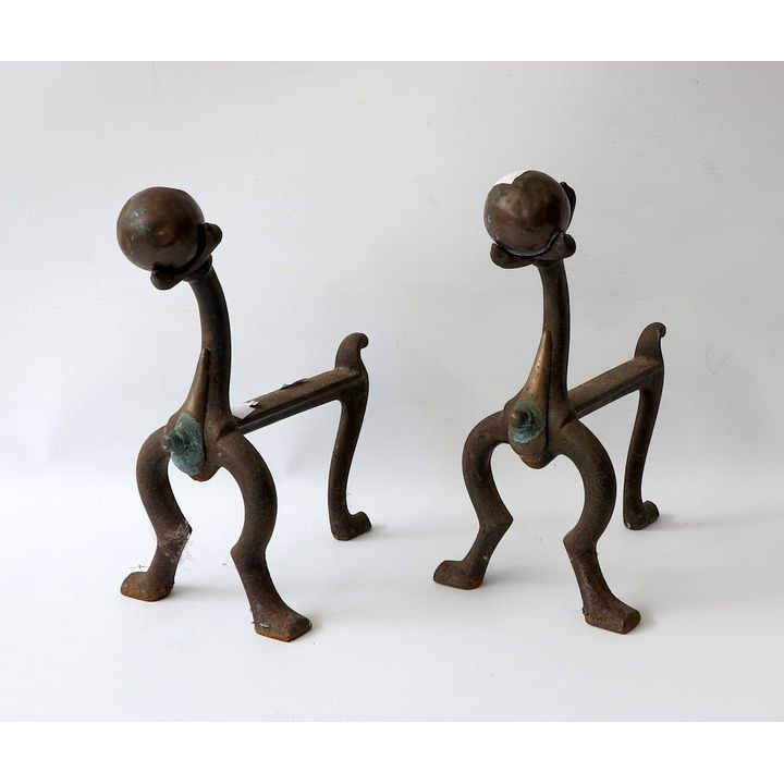 PAIR OF COPPER AND STEEL FIRE DOGS