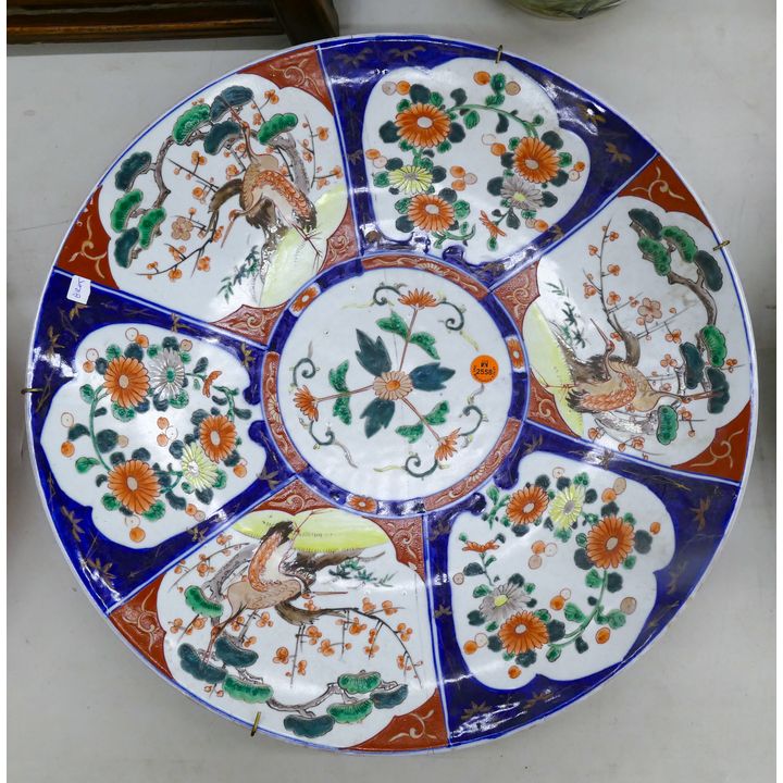 Old Chinese Imari Porcelain Charger with Cranes 18'' - Repaired