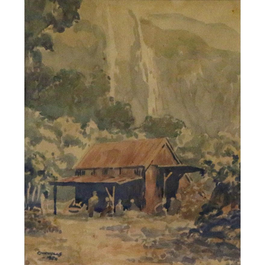 Colin Nicholls 'Hut at the bottom of Lake Ada, 3rd day, Milford Track'