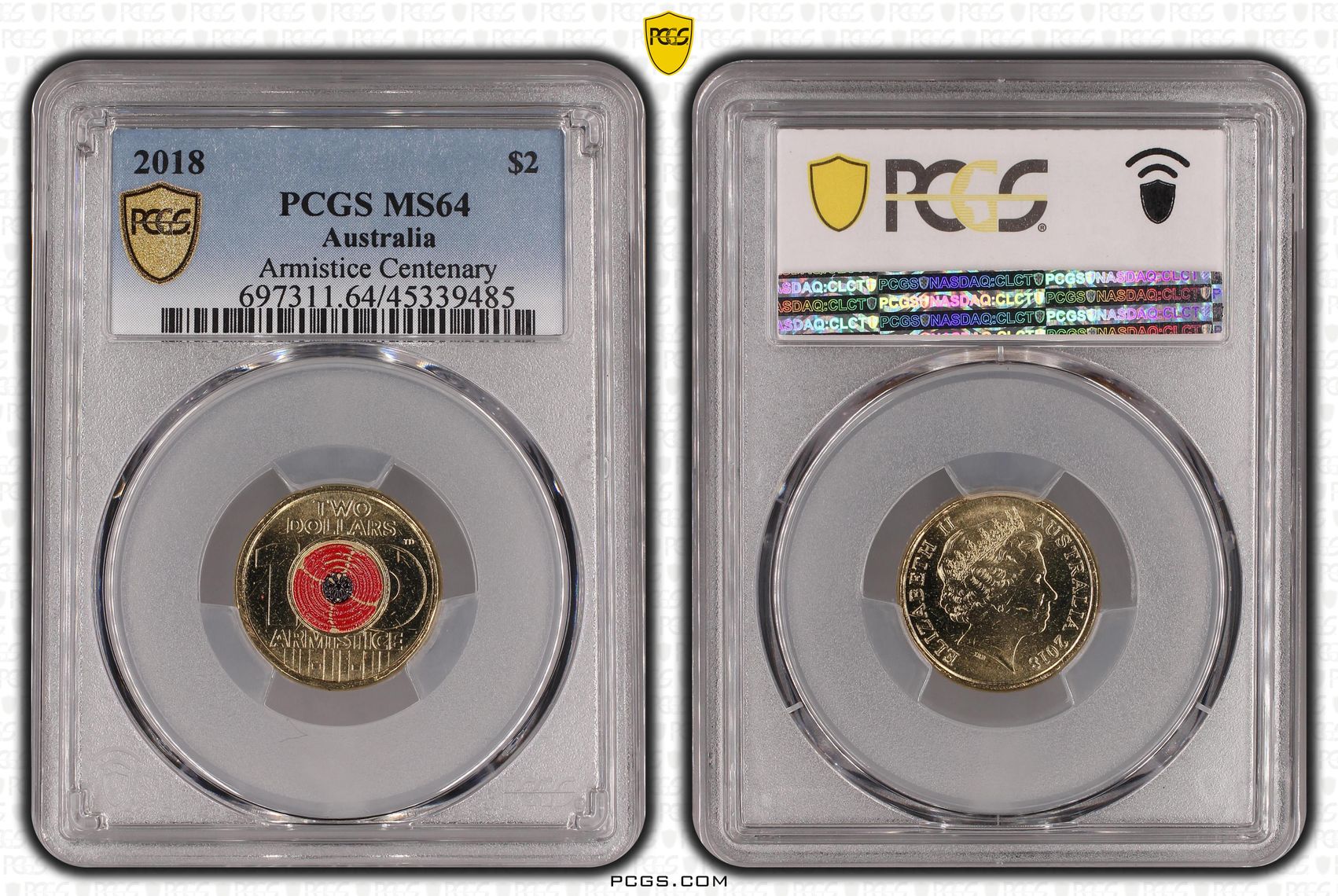 2018 Australia Two Dollar, $2 Armistice Centenary PCGS - MS64 -485