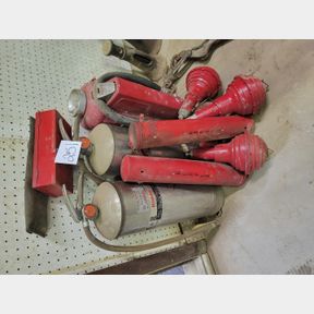 Vintage fire extinguishers including 4 glass thermostat containers