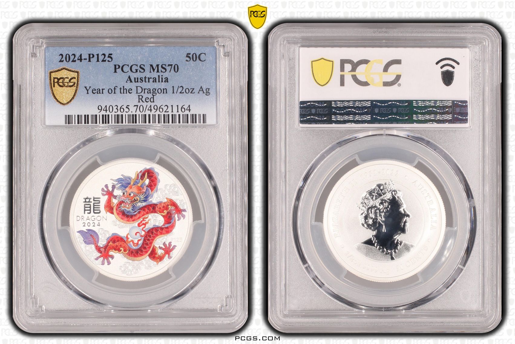 Year of the Dragon 1/2oz Ag Red , Fifty Cent, 2024-P125, PCGS MS70