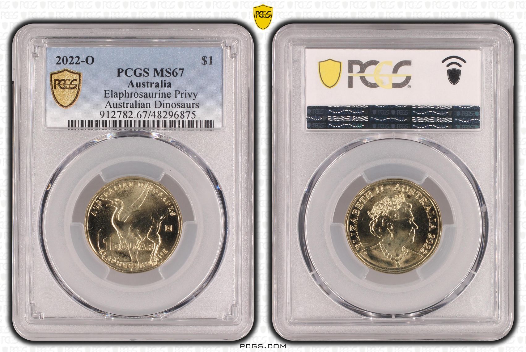Elizabeth II, Elaphrosaurine Privy Australian Dinosaurs, POP 3/0, One Dollar, 2022-O, PCGS MS67