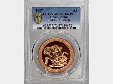 2017 ELIZABETH II GOLD 5 POUND '200TH ANNIVERSARY OF THE FIRST MODERN DAY SOVEREIGN' MS70 DMPL