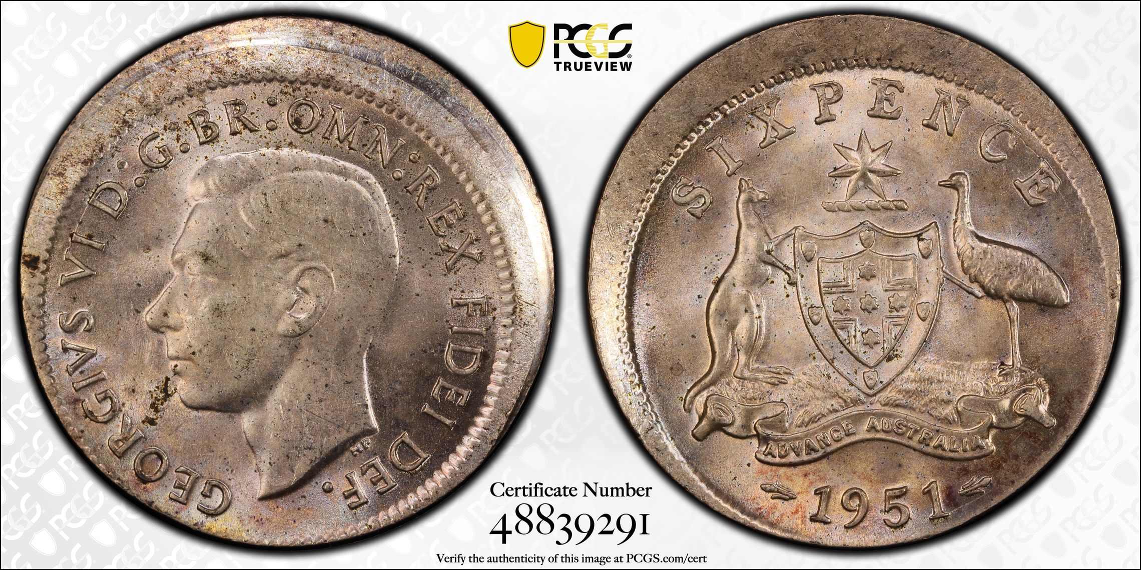 George VI, Sixpence, 1951, PCGS MS63