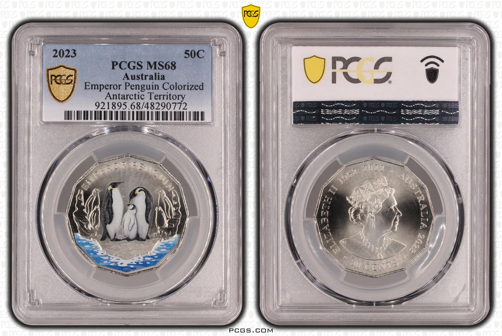 Emperor Penguin Colourised Antarctic Territory, Fifty Cent, 2023, PCGS MS68