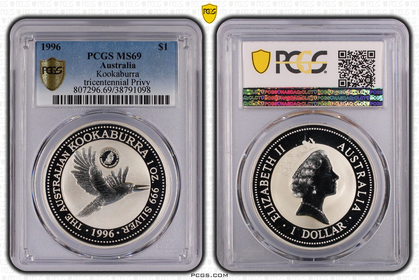 1996 Australia One Dollar, $1 Silver Kookaburra - Tricentennial Privy PCGS - MS69 -098