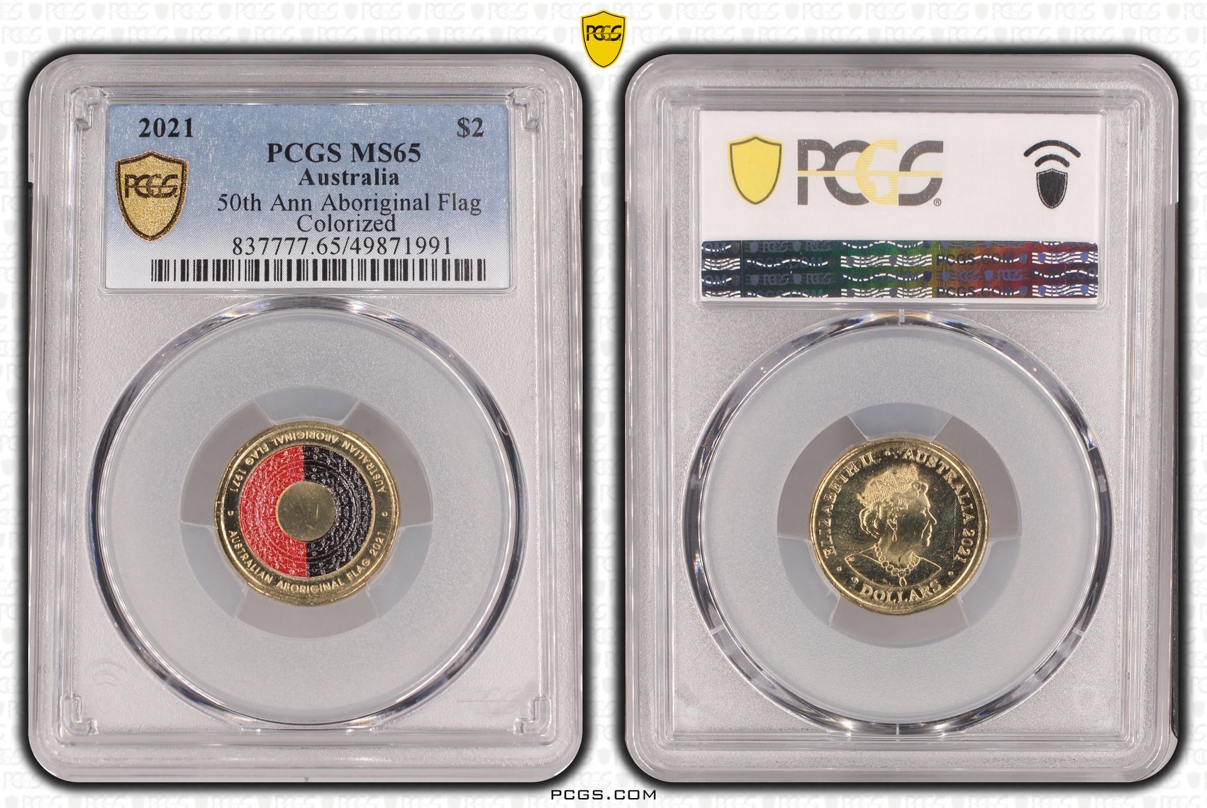 Elizabeth II, 50th Ann Aboriginal Flag Colorized , Two Dollar, 2021, PCGS MS65