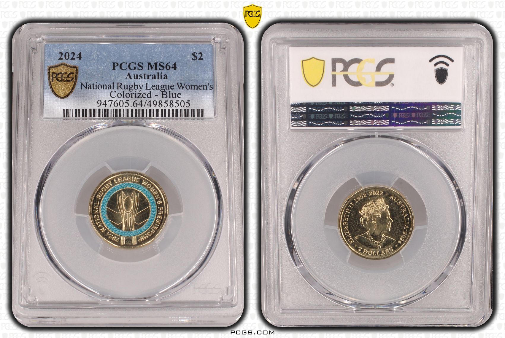 Elizabeth II, National Rugby League Women's Colorized - Blue , Two Dollar, 2024, PCGS MS64