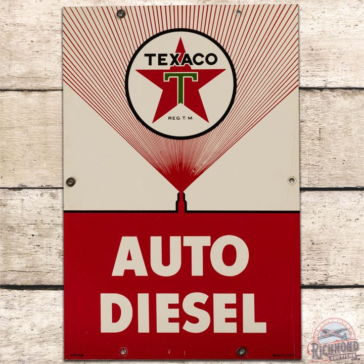 1956 Texaco Auto Diesel SS Tin Gas Pump Plate Sign "White T"