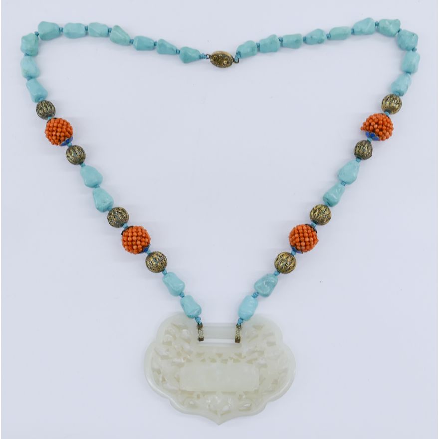 Chinese Jade and Turquoise Lock Pendant Necklace