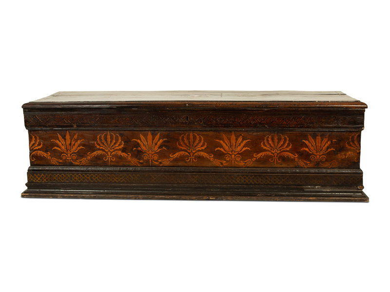 A Continental  Marquetry Inlaid Cassone
Height 20 1/2 x width 22 1/2 x depth 70 inches.