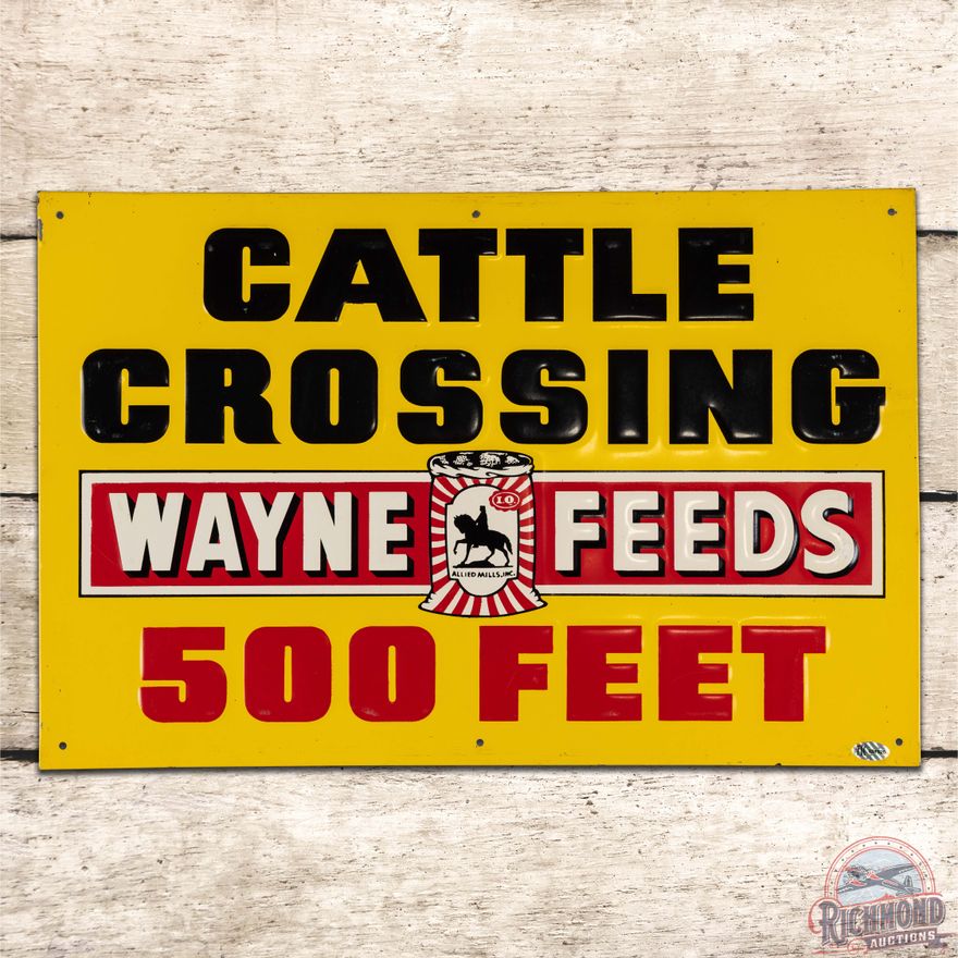 Superb Wayne Feeds Cattle Crossing 500 Ft. Emb. Single Sided Tin Sign w/ Logo