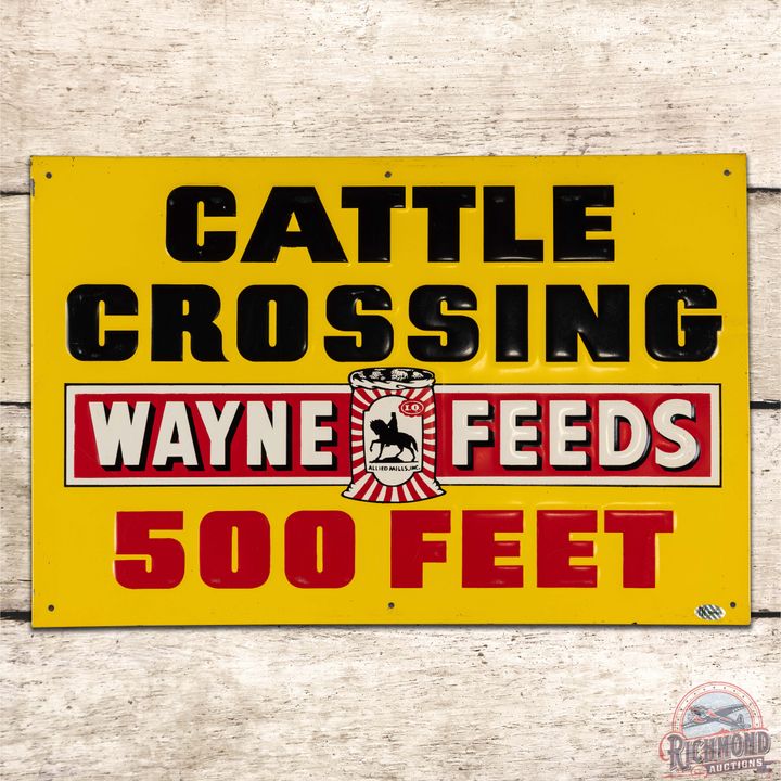 Superb Wayne Feeds Cattle Crossing 500 Ft. Emb. Single Sided Tin Sign w/ Logo