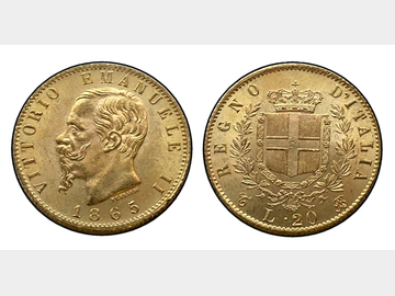 1865 ITALIAN VITTORIO EMANUELE II 'TURIN MINT' GOLD 20 LIRA COIN