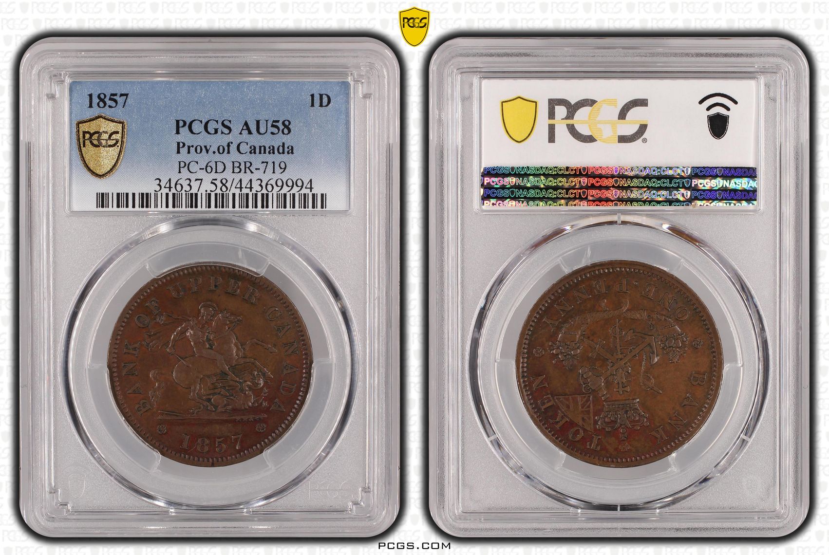 Prov.of Canada, Bank of Upper Canada, PC-6D, Tkn One Penny, 1857, PCGS AU58BN